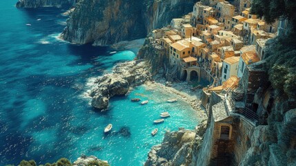 A top-down view of a cliffside village, with narrow streets and whitewashed buildings clinging to the steep slopes overlooking the azure sea