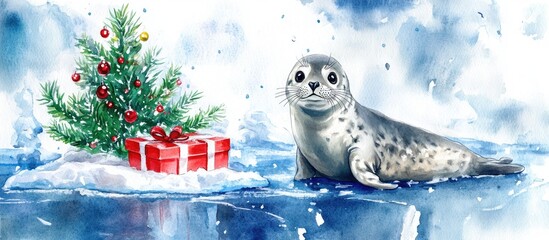 Wall Mural - Watercolor illustration of an adorable seal with a present and a festive tree on an ice floe