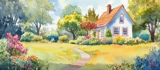 Wall Mural - Watercolor illustration of a small house and garden in a scenic setting