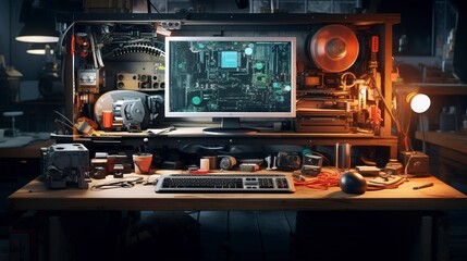 A photo of a computer repair bench with various