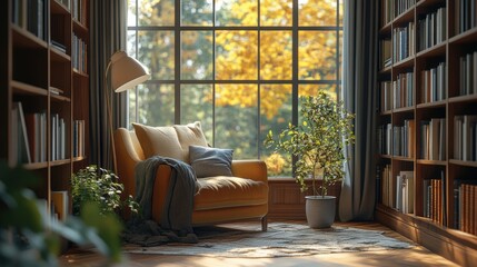 home reading corner, a serene reading corner set by the window features a plush armchair, reading lamp, and a shelf filled with books, perfect for relaxation and reading at home