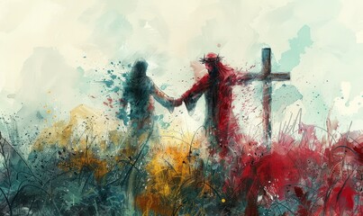 Wall Mural - In a beautiful watercolor scene, Jesus reaches out to help someone, symbolizing forgiveness and support, set against a serene sunset with cross and crown of thorns