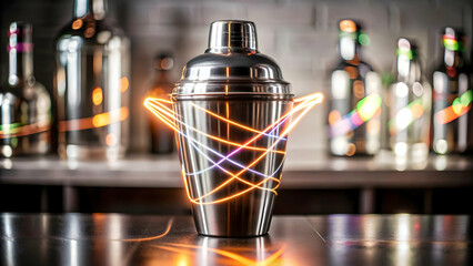 3D Glowing abstract neon lines creating a cocktail shaker silhouette concept as Neon lines glow against a dark background tracing the silhouette of a cocktail shaker. The camera moves smoothly around 