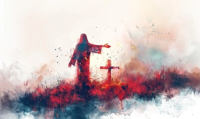 In a serene watercolor landscape, a figure of Jesus reaches out a hand towards someone in need, symbolizing compassion and divine forgiveness amidst a blurred cross