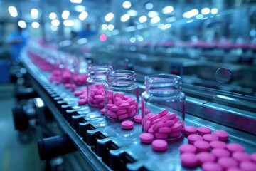 Poster - A conveyor belt with pink pills in glass bottles