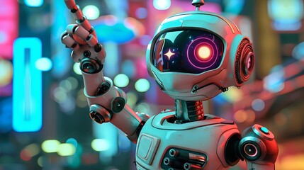A cheerful and optimistic robot pointing at the universe