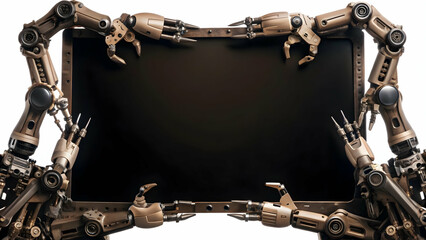 Robotic arm border with futuristic tools framing copy space concept as A border frame featuring stylized robotic arms holding futuristic tools framing a central copy space. The design emphasizes preci