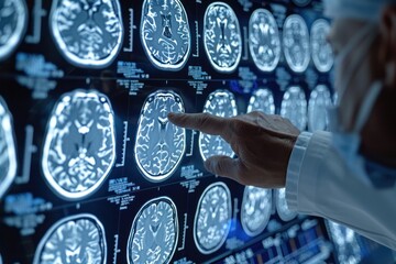 Sticker - A doctor points to a brain scan on a computer monitor