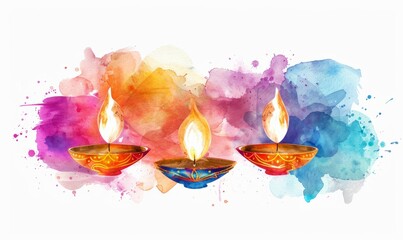 Wall Mural - Experience the festive spirit of Diwali through a joyful watercolor illustration showcasing bright diyas surrounded by a burst of colorful splashes, perfect for celebrating the occasion