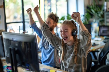 Wall Mural - a girl with her arms up in the air in front of a computer