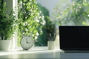 Poster - A Simple Desk Setup Near a Window with a Green View