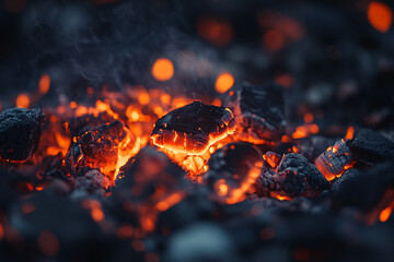Fototapete - A pile of burning charcoal with a few pieces of wood still glowing