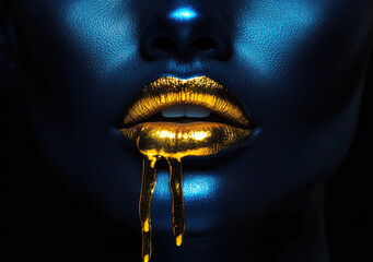 Wall Mural - A beautiful woman with shiny blue skin and golden lips, dripping liquid gold from her mouth