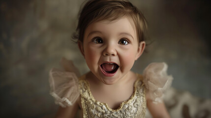 Wall Mural - Two-Year-Old Toddler Girl in Fancy Gown Radiating Joy and Innocence with a Bright Smile