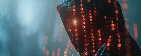 Hacker in hooded figure with binary code overlay, representing cyber security or data breach concepts in a dark, mysterious setting.
