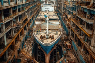 Wall Mural - A large blue ship is being built in a shipyard