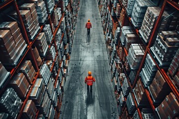 Two workers in orange vests walk down a long aisle of boxes