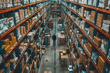 Poster - A man walks through a warehouse filled with boxes and shelves