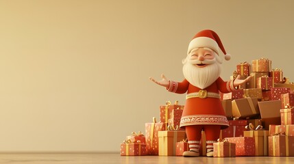 A cheerful, cartoon-style Santa Claus stands in front of a pile of colorful gift boxes.