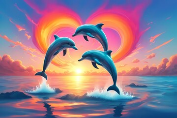 A vibrant digital painting of a dolphin leaping out of the ocean at sunset.