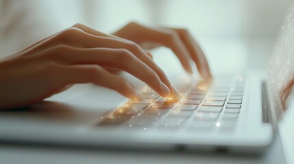 Hands Typing on Laptop with Digital Glow