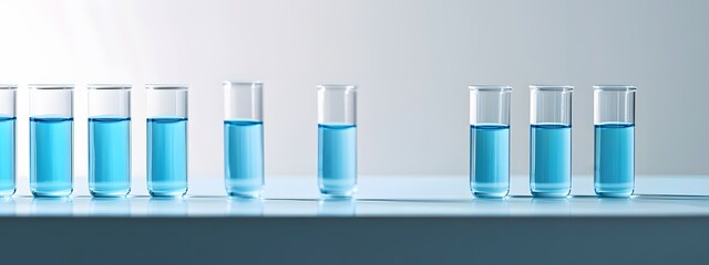 A close-up of test tubes filled with blue liquid, arranged on an industrial shelf in the laboratory. The focus is on one tube that contains a light turquoise and white gradient color liquid