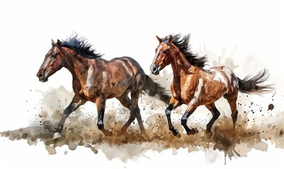 Two beautiful horses dash playfully across an open field, their manes flowing in the wind, captured in a delicate watercolor style on a white backdrop, embodying freedom and grace