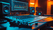 © Elmin - An empty home studio equipped with a mixing soundboard panel and various musical instruments, featuring modern electronic controls and DAW software on a PC. Camera angle A.
