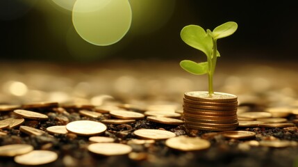 Illustration design of economic growth investment, with a background of stacks of coins around plant seeds on the ground