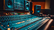 © Elmin - An empty home studio equipped with a mixing soundboard panel and various musical instruments, featuring modern electronic controls and DAW software on a PC. Camera angle A.