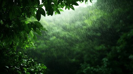 Gentle rain over lush green forest, serene atmosphere, natures tranquility, 3D illustration