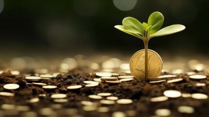 Illustration design of economic growth investment, with a background of stacks of coins around plant seeds on the ground