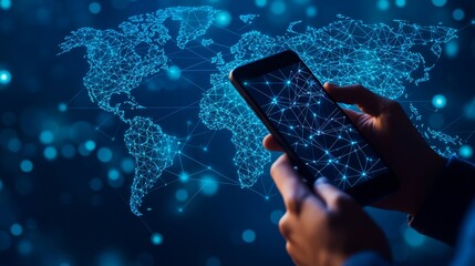 Hands gripping phone, digital network and world map visuals, flat design illustration