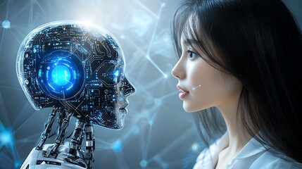 Robotics or ai artificial intelligence connecting interaction with human.Chat bot software network.big data and transfer protocol system.Neuralink with smart brain