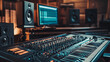 © Elmin - An empty home studio equipped with a mixing soundboard panel and various musical instruments, featuring modern electronic controls and DAW software on a PC. Camera angle A.