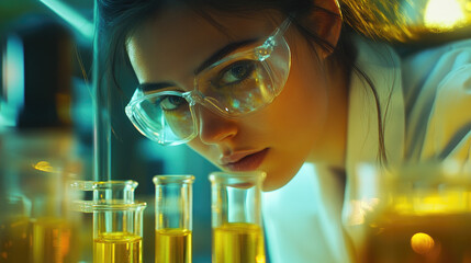 Sticker - A female scientist is working in a laboratory, with a close-up shot of her focused face as she analyzes a test tube containing a liquid on her desk.