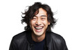 © Oratai - Close-up portrait of cheerful, handsome Chinese man with messy black hair, isolated on white background.