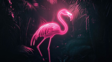 Neon flamingo shining brightly in a dark tropical scene, palm fronds silhouetted, capturing the retrofuturistic aesthetic of Miami Vice.