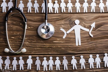 Poster - A medical stethoscope is placed on a wooden surface with a man