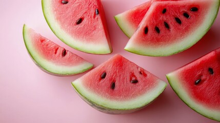 Wall Mural - Freshly sliced watermelon pieces arranged on a pink background ideal for summer gatherings