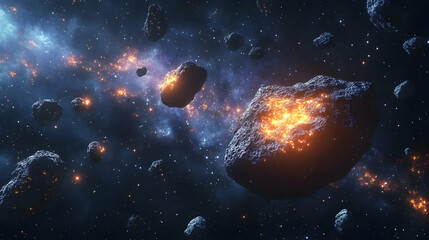 Wall Mural - fiery asteroids flying through space with a galaxy in the background.