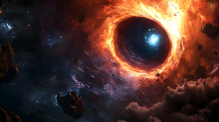 Wall Mural - fiery cosmic swirl in deep space with scattered asteroids.