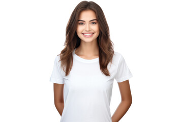 Cheerful smiling young woman in casual t-shirt isolated on white background