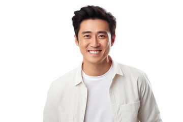 Cheerful, handsome, positive Chinese man with a genuine smile, isolated on a white background.