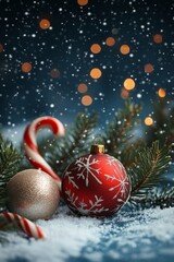 Wall Mural - Festive Christmas decorations with ornaments, candy canes, and pine branches on a light background