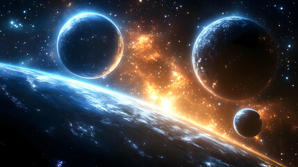 Wall Mural - four planets, two large and two small, with one planet in the foreground, two in the middleground, a