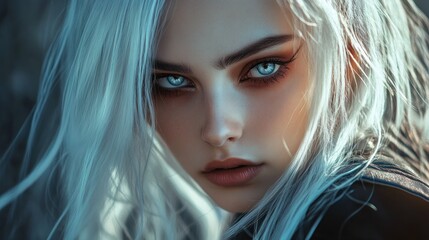 Wall Mural - Character of a woman with white hair and close up beautiful face beautiful eyes background wallpaper AI generated image