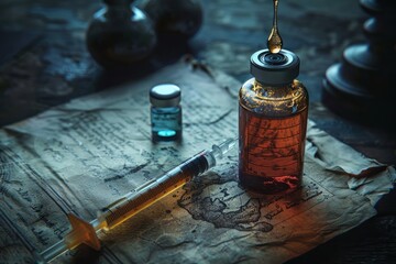 A bottle of medicine is on a table next to a syringe