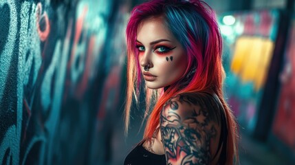 Canvas Print - Cyberpunk woman punk with colored hair and tattoos background wallpaper AI generated image