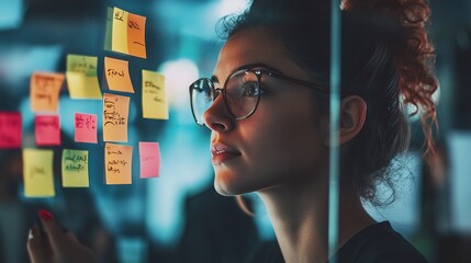 Wall Mural - Woman, group and collaboration with notes on board with review, listening and planning with brainstorming. Coach, training and team by glass wall, questions. copy space for text.